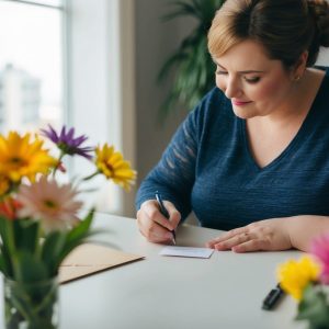 En person sitter vid ett skrivbord omgiven av färgglada blommor De skriver försiktigt ett meddelande på ett litet kort deras uttryck är eftertänksamt och milt