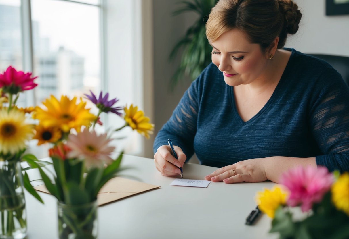 En person sitter vid ett skrivbord omgiven av färgglada blommor De skriver försiktigt ett meddelande på ett litet kort deras uttryck är eftertänksamt och milt